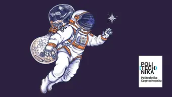 Kosmonauta na granatowym tle + logo uczelni