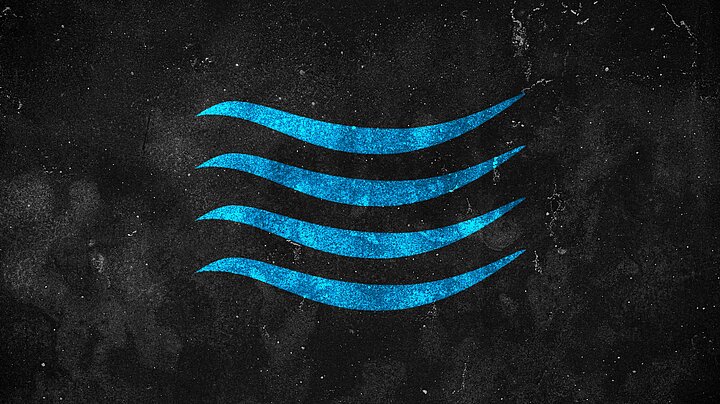 Na ciemnym, chropowatym tle przypominającym surową metalową lub betonową powierzchnię widoczny jest niebieski symbol wody. Składa się z czterech poziomych, falujących linii ułożonych jedna pod drugą, sugerujących ruch fal. Intensywny, turkusowo-niebieski kolor kontrastuje z ciemnym tłem, podkreślając symbolikę żywiołu wody i nadając grafice minimalistyczny, nowoczesny charakter.