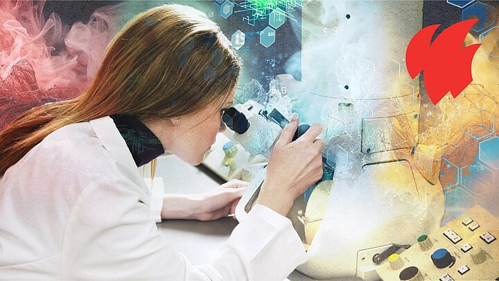 Młoda kobieta w białym fartuchu laboratoryjnym pochyla się nad mikroskopem, prowadząc obserwację w laboratorium. Skupiona twarz i precyzyjny chwyt urządzenia podkreślają charakter pracy badawczej. W tle widoczne są subtelne, półprzezroczyste elementy graficzne – schematy techniczne, struktury molekularne i cyfrowe oznaczenia – nadające całości nowoczesny, technologiczny klimat. Po prawej stronie umieszczony jest czerwony symbol płomienia, nawiązujący do motywu żywiołu ognia. Grafika symbolizuje naukę, badania laboratoryjne i innowacje technologiczne.