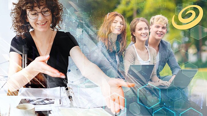 Grafika przedstawia młodą kobietę w okularach, siedzącą przy biurku i pracującą z dokumentami. Uśmiecha się i wyciąga dłoń w geście powitania lub współpracy. Po prawej stronie widoczna jest grupa trojga młodych osób siedzących na zewnątrz z laptopami, uśmiechniętych i zaangażowanych w pracę zespołową. Na obrazie nałożone są półprzezroczyste elementy technologiczne – heksagony, linie połączeń i cyfrowe schematy – podkreślające nowoczesny, innowacyjny charakter. W prawym górnym rogu znajduje się złoty symbol spiralnego wiru, nawiązujący do motywu powietrza. Grafika symbolizuje edukację, współpracę, rozwój kompetencji i nowoczesne technologie.