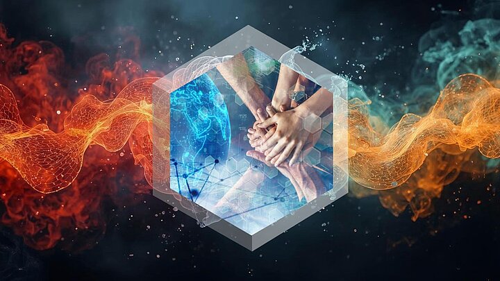 Centralnie umieszczony sześciokąt przedstawia zbliżenie kilku dłoni ułożonych jedna na drugiej, symbolizujących współpracę i wspólne działanie. W tle widoczna jest półprzezroczysta grafika globu oraz elementy analityczne, takie jak wykresy i linie połączeń, nadające całości technologiczny charakter. Po bokach kompozycji rozchodzą się dynamiczne, świetliste fale w odcieniach czerwieni i pomarańczu na ciemnym tle, tworząc futurystyczną atmosferę. Grafika symbolizuje partnerstwo, integrację zespołu oraz globalny wymiar nowoczesnych technologii i rozwoju.