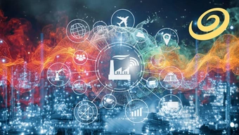 uturystyczna grafika przedstawiająca przemysł i nowoczesne technologie na tle nocnej panoramy miasta. W centrum znajduje się symbol fabryki otoczony okręgiem połączonych ikon – samolotu, globu, chmury, lokalizacji, paneli słonecznych, wykresu wzrostu, ciężarówki, robota przemysłowego i sieci połączeń. Kolorowe, świetliste fale w odcieniach czerwieni, pomarańczu, zieleni i błękitu przenikają się nad miejską zabudową, tworząc dynamiczny, technologiczny klimat. W prawym górnym rogu widoczny jest złoty symbol spiralnego wiru, nawiązujący do motywu powietrza. Grafika symbolizuje innowacje przemysłowe, transformację cyfrową oraz integrację technologii z gospodarką i środowiskiem.